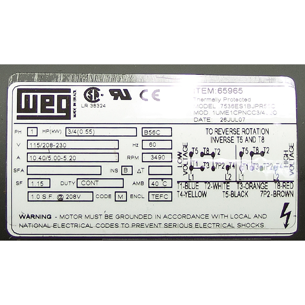3/4 HP 3490 RPM 115/208-230 Volt AC Motor WEG .7536ES1BJPR56C ...