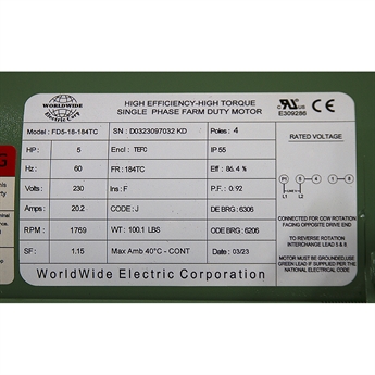 5 HP 230 Volt AC 1769 RPM WWE FD5-18-184TC Farm Duty Motor | AC Motors ...